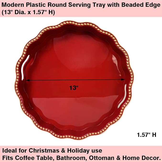 Red Decorative Tray for Coffee Table, Wavy Scallop Beaded Plastic Serving Tray forKitchen Counter, Ottoman, Living Room, (13")