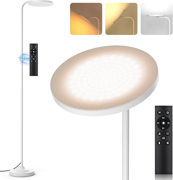 36W LED Floor Lamp, Super Bright Standing Lamp, Modern Stepless Dimmable Torchiere Tall Lamp with Remote Control, 350°Rotating Head Reading Floor Lamp for Living Room, Bedroom, Office - White