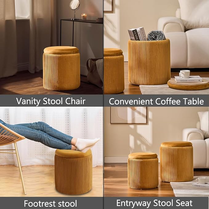 Round Ottoman with Storage Set of 2-Upholstered Sherpa Vanity Stool for Makeup Multifunctional Ottomans Coffee Table Padded Seat Foot Rest (Engineered Wood, Yellow)