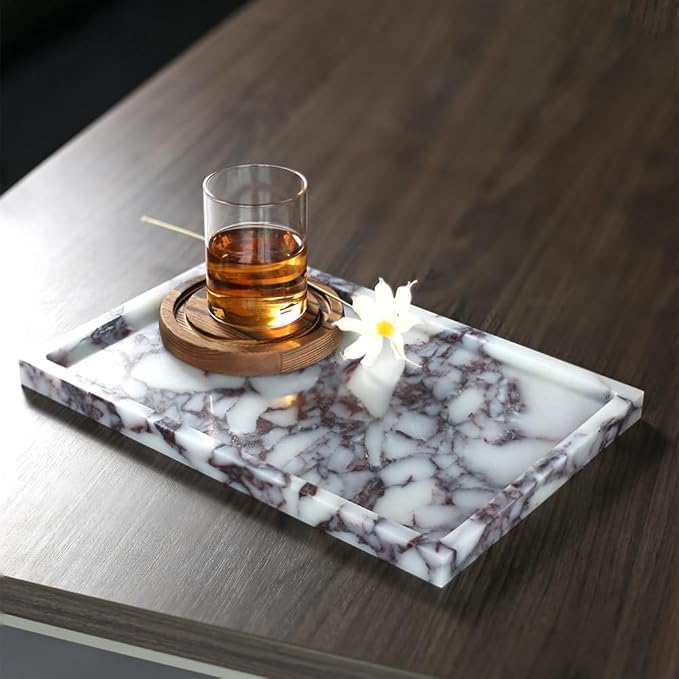 Real Luxurious Natural Marble Vanity Tray Genuine Marble Storage Tray for Home Decor Stone Tray for Bathroom/Kitchen/Vanity/Dresser,Plate Holder for Tissues, Candles, Towel