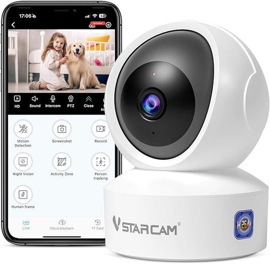 VSTARCAM 3MP Pet Camera Indoor with Phone App, 360° Indoor Security Camera with Color Night Vision, Motion Detection & 2-Way Audio, 24/7 SD & Cloud Storage，2.4GHz WiFi, in Plug