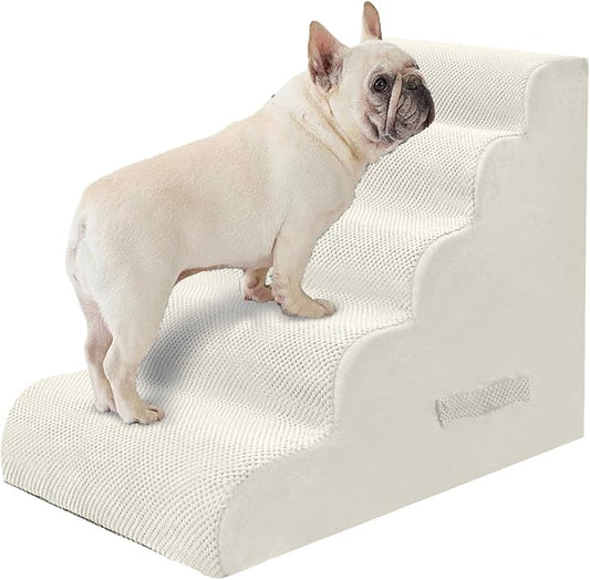 PAWSCART Dog Stairs for Small Pets, 22.8" H with 30D Material Soft Foam, Portable Ramp Non-Slip Surface Non-Slip for Couch and High Bed Climbing, 5-Step Stairs for Cat or Dog, Beige