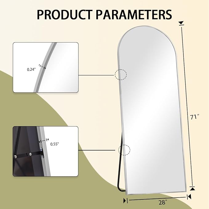 BEAUTYPEAK 71"x26" Arch Full Body Floor Mirror, Full Length Mirror Hanging or Leaning Arched-Top, Wall Mirrors with Stand for Bedroom, Dressing Room, Silver