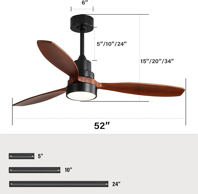 Sofucor Ceiling Fan with Lights and Remote, 52 inch Modern LED Ceiling Fan with 3 Wood Blades and 3 Black Downrods, for Indoor Bedroom Living Room Outdoor Patio Porch, Reversible, Quiet and Powerful