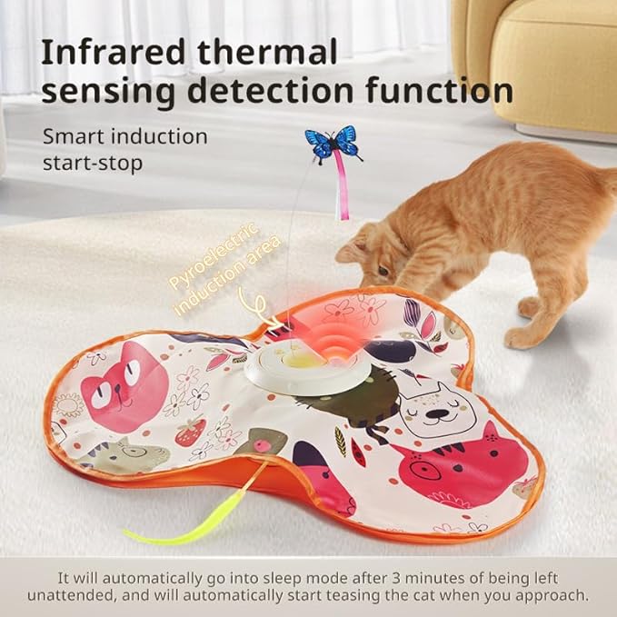Hide and Seek Interactive Cat Toys, Moving Concealed Wand Feather, Automatic Chargeable Indoor Kitten Exercise Kicker, Mouse Squeaky, Floral Cover