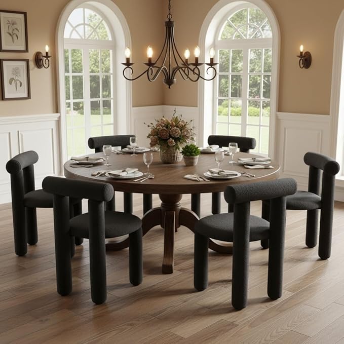 DUOMAY Modern Black Boucle Dining Chairs Set of 2, Sherpa Upholstered Kitchen Chairs Armless Barrel Back Dining Chair, Living Dining Room Chairs, Reception