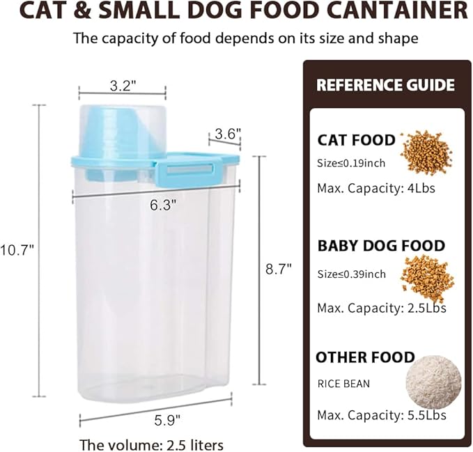 Pet Food Storage Container with Graduated Cup and Seal Buckles Food Dispenser for Dogs Cats (Blue)