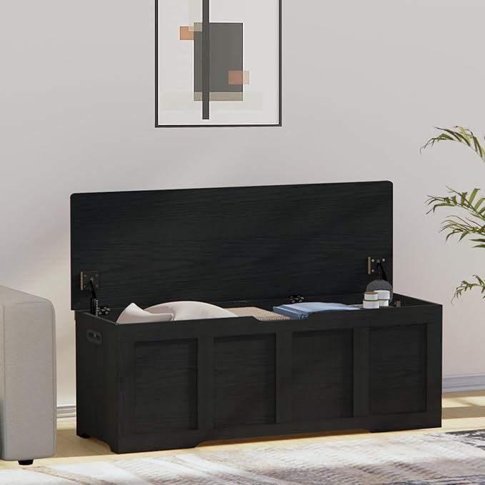 47.2" Storage Chest, Extra Large Storage Trunk with 2 Safety Hinges, Wooden Storage Bench, Shoe Bench, Entryway Bench for Living Room, Bedroom, Black