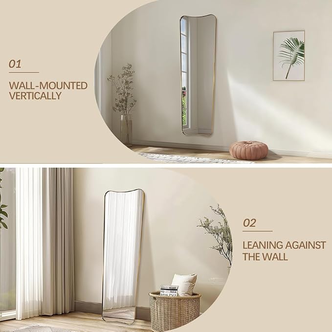 ANDY STAR 21" x 64" Full Length Mirror, Decorative Full Body Mirror with Stainless Steel Thin Frame, Italian Curved Edge Design, Wall Mountable or Leaning for Bedroom, Cloakroom, Brushed Gold