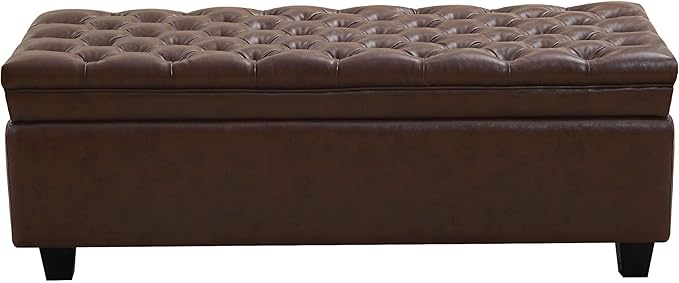 50" Faux Leather Storage Ottoman Bench, Upholstered Rectangle End of Bed Storage Ottoman Tufted Living Room Bedroom Bench with Safety Hinge, Solid Wood Legs, Loads 500 lb(Dark Rrown)