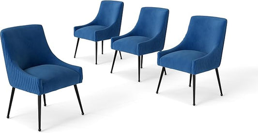 Velvet Dining Chairs Set of 4,Blue Upholstered Living Room Chairs with Black Metal Legs, Modern Tufted Accent Chairs for Living Room, Study Room, Kitchen