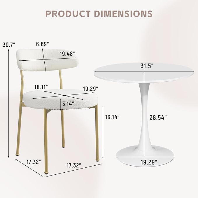 SoarFlash Kitchen Table and Chairs for 2, 31.5" Dining Table Set for 2 with Boucle Upholstered Chairs, 3 Piece Round Kitchen Table Set, Dining Room Table Set for Small Space, Apartment, Beige/White