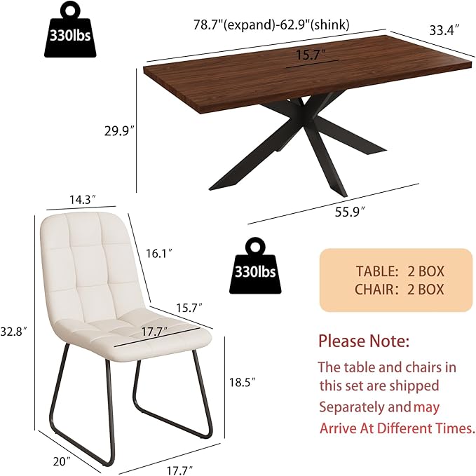 ZckyCine Expandable Dining Table Set for 6-8 People, Modern Rectangular Kitchen Table, 63"-79" Extendable, Walnut Finish, Metal Frame, 6 PU Leather Cushioned Chairs, Easy Assembly