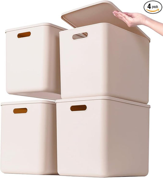 Plastic Storage Bins with lids,Storage Baskets,Container with handle,Storage Organizer Bins for Shelves,Office,Bedrooms,Closets, Cabinets(Grey，4XL)