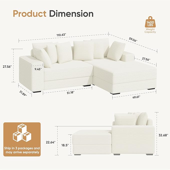 111'' Modern Sectional Cloud Sofa with Chaise, Extra Large Sleeper Couches Corduroy with 8pcs Pillows for Living Room, Bedroom