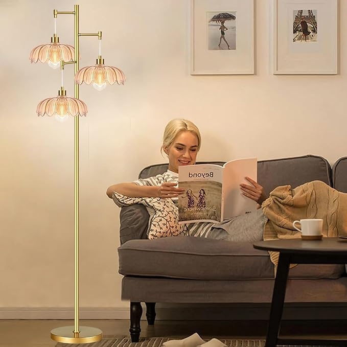Gold Floor Lamps for Living Room 3 Lights Floor Lamp with Glass Lampshape & Three Led Bulb,Mid Century Standing Lamp Vintage Brass Tall Lamp Tree Floor Lamp for Bedroom Corner