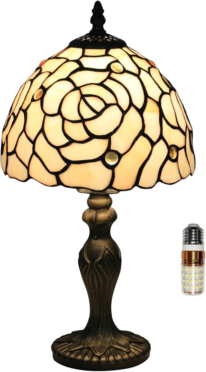 Tiffany Style Small Table Lamp, 8X8X14.5 Inch Rose Stained Glass Lamp, Small Antique Side Table Lamps, Bedside Nightstand Lamp, for Bedroom Living Room Home Office,LED Bulb Include