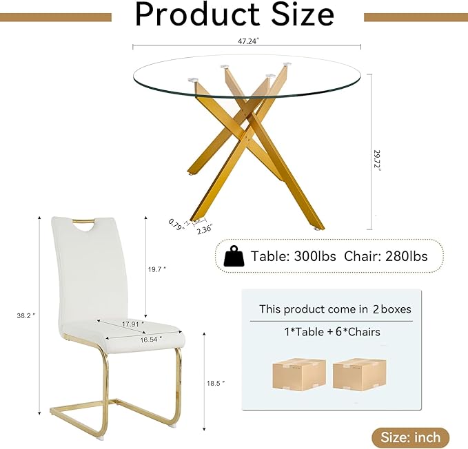 Goujxcy Round Dining Table Set for 6, Modern Glass Kitchen Table and Chairs Set of 6, 7 Piece Dining Room Table Set with 47" Circle Gold Metal Glass Dinner Table and 6 White Leather Dining Chairs