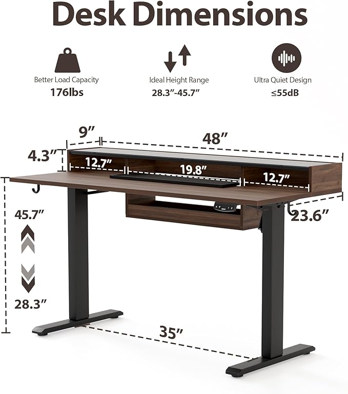 Agilestic Glass Standing Desk with Storage, 48 Inch Electric Adjustable Desk with Glass Shelf and Cable Management, Sit Stand Up Home Office Computer Table, Splice Board, Dark Walnut