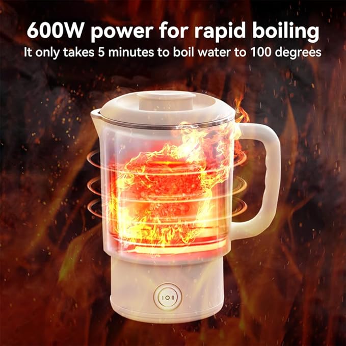 Travel Electric Kettle 304 Stainless Steel Small Portable Foldable Tea Kettle for Boiling Water Camping Traveling with 2 Gear 600ML 600W
