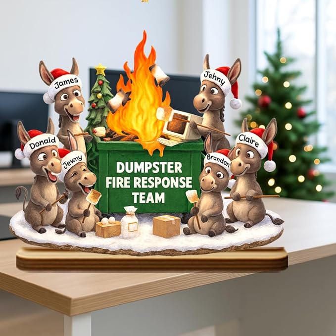 Funny Donkey Dumpster Fire Response Team Wooden Plaque 2025, Personalized Flaming Dumpster Sign, Custom Name Group Plaque, Matching Holiday Decor, Humorous Gift for Coworkers