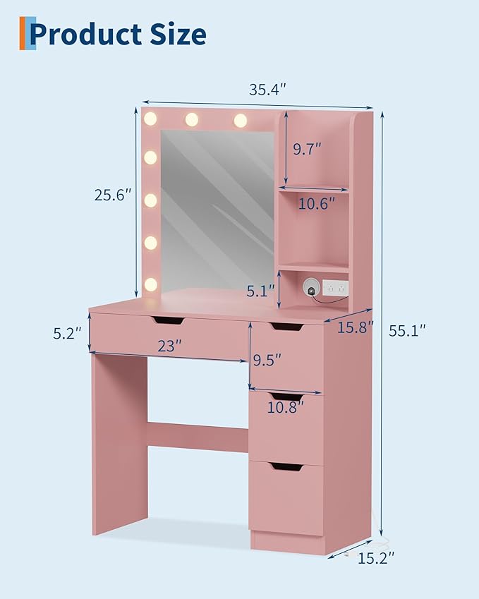 Garvee Vanity Desk with Mirror and Lights - Makeup Vanity Desk with 4 Drawers, Built-in Power Outlet & USB, Adjustable LED Lighting, Makeup Table for Bedroom (Pink)