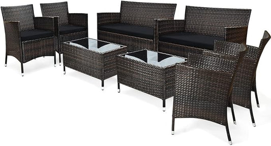 Tangkula 8 PCS Patio Rattan Conversation Set, Outdoor Wicker Furniture Set with Tempered Glass Coffee Table &Thick Cushion, Rattan Chair Wicker Set for Garden, Lawn, Poolside and Backyard (2, Black)