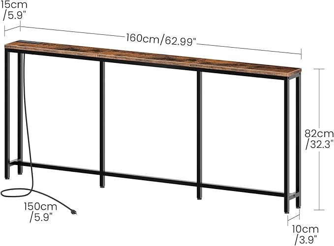 62.99" Console Table with Charging Station, Narrow Long Behind Couch Table, with 2 AC Outlets, 1 USB-A Port and 1 Type-C Port Rustic Brown and Black TXG26UBF