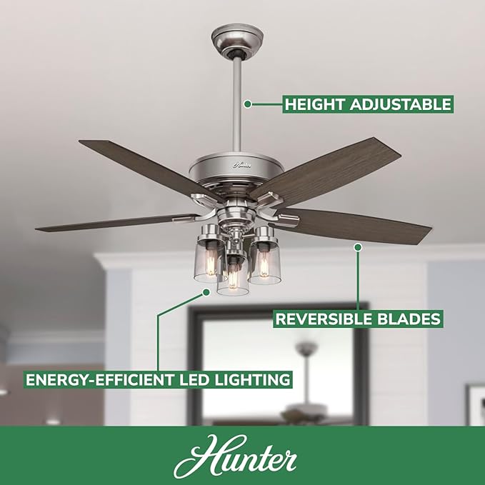 Hunter 52 inch Indoor Ceiling Fan with LED Lights and Remote Control - Standard Mount Ceiling Fan, 5 Blades, For Bedroom, Living Room, or Kitchen, Quiet - Bennett 54190, Brushed Nickel