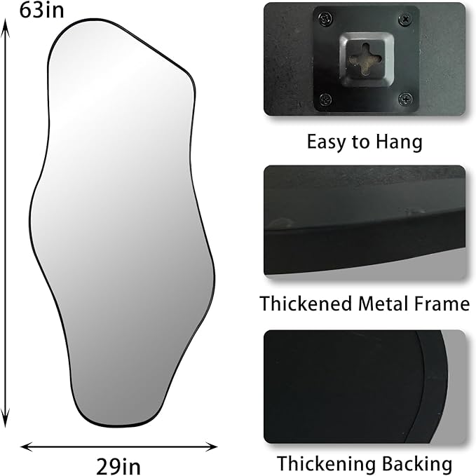 Irregular Mirror Full Length, 63"x29" Large Asymmetrical Wall Mirror for Dressing, Modern Black Metal Frame Abstract Wall Mirrors for Living Room Bathroom Bedroom Hallway Entryway