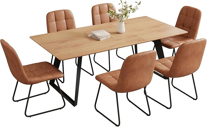 ZckyCine 63"-79" Expandable Dining Table Set for 6, Wood Table & 6 Brown Chairs, Extendable Kitchen Dining Table Set for Kitchen & Dining Room, Modern Oak & Brown