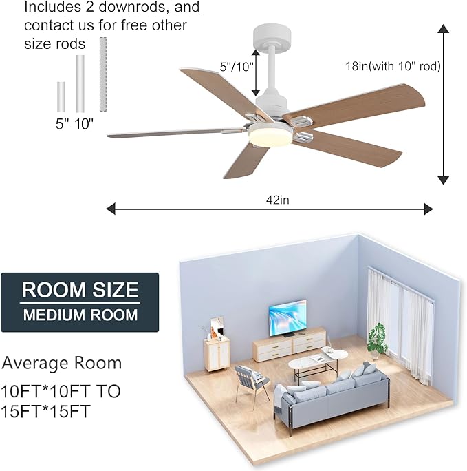 42 Inch White Outdoor Ceiling Fans with Lights and Remote, Dimmable 5 Blade Outdoor Ceiling Fans for Patios, White Ceiling Fan with Light for Bedroom Indoor Living Room