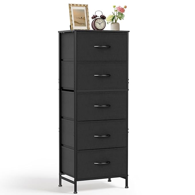 Nightstand, 5 Drawer Dresser End Table Bedside Furniture with Wooden Top Steel Frame Fabric Bins for Bedroom, Closet, Entryway, Dorm, Living Room, Black