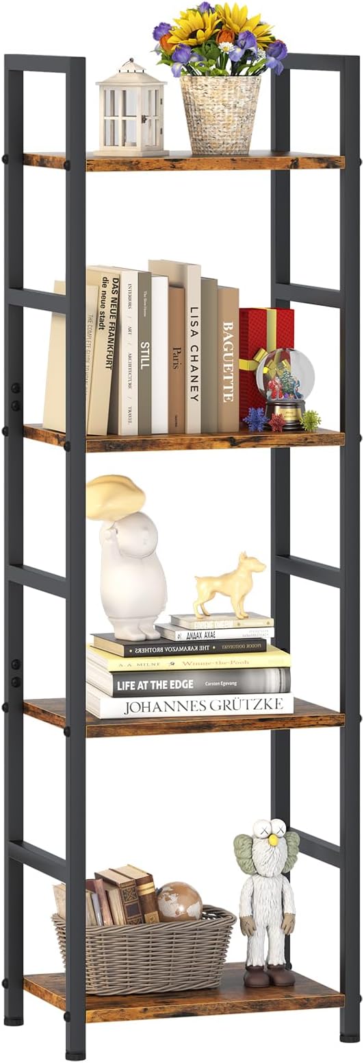 4 Tier Bookshelf, Small Book Shelf Industrial Bookcase, Metal Narrow Book Case Book Storage Organizer,Bookshelves for Bedroom Office Living Room(4 Tier,Rustic Brown)