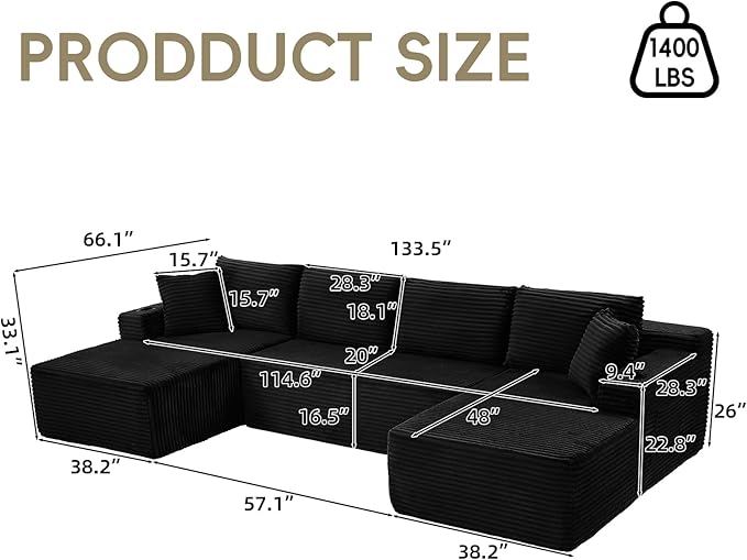 134 Inch Cloud Sectional Couch for Living Room,Corduroy Boneless Couches with L-Shape Chaise,Modern Modular Sectional Sofa with Deep Seat,No Assembly Required (Black, U-Shaped Sofa)