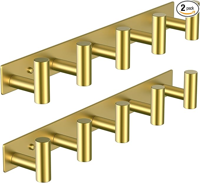 VAEHOLD Hat and Coat Wall Mount Rack - Hooks for Robes, Bags, Keys, and Towels - Bathroom Towel Hanger Organizer (Gold, “T“ Shape 5 Hooks 2 Pack)