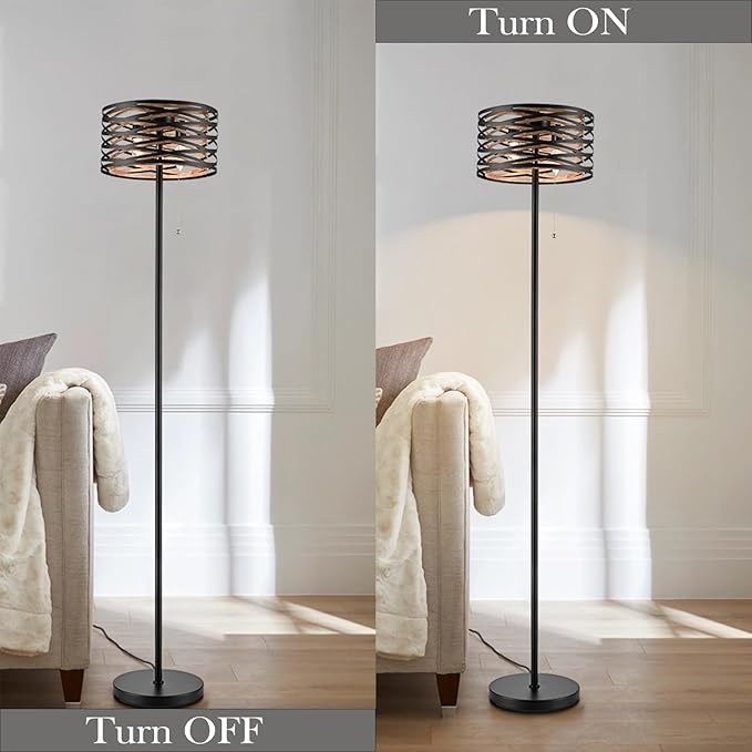 Farmhouse Black 2-Light Floor Lamp Metal Structure Wood Grain Shade with Pull Chain Switch, Perfect for Living Room, Bedroom, Reading Room