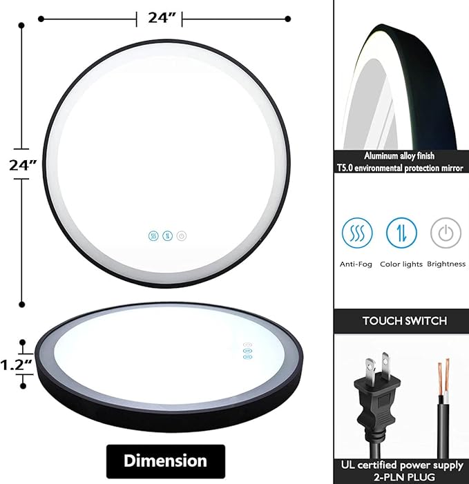24 Inch Black Round Lighted Vanity Mirror with Lights Black Frame Round LED Mirror for Bathroom Wall Antifog 3Color Adjustable Brightness Frontlit 24" Black Framed Circle LED Light up Mirrors