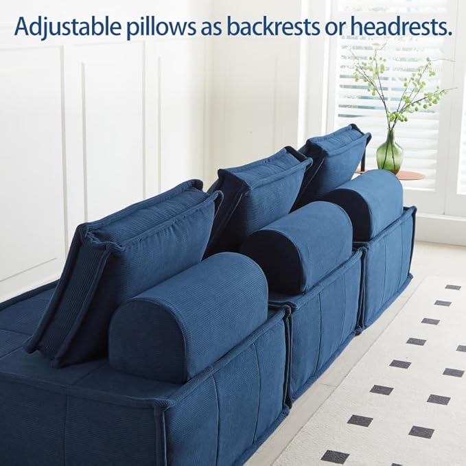 PurrJoys Modular Sectional Sofa, 3-Piece 105" Deep Seat Corduroy Lounge Sofa with Movable Cushions, Modular Couch for Small Spaces, Living Room, Bedroom, Apartment, Office - Blue