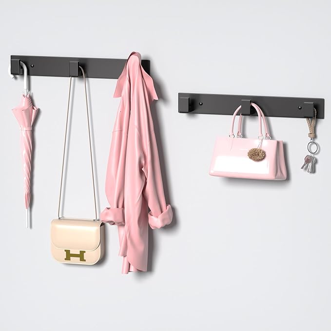 PMMASTO Wall Mounted Coat Hooks- Stainless Steel Rust-Resistant Bathroom Hangers for Towels/Hats/Coats, Heavy-Duty Wall Mount Hooks with Screws (Black 3 Hooks, 2-Pack)