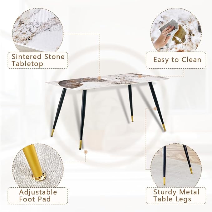 Modern Dining Table Set for 4, 62'' Sintered Stone Table, 4 Chairs, Easy to Assemble