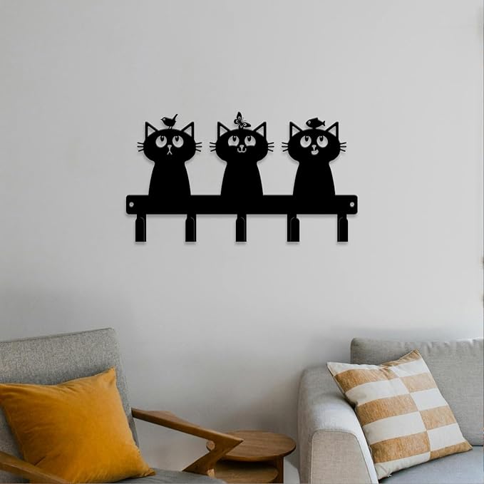 magilab Cat-Themed 10-Inch Iron Key Hooks with 5 Hooks, Black Wall Organizer - Cute Cat Design for Home Decor, No Drill & Screw-in Options (Style K)