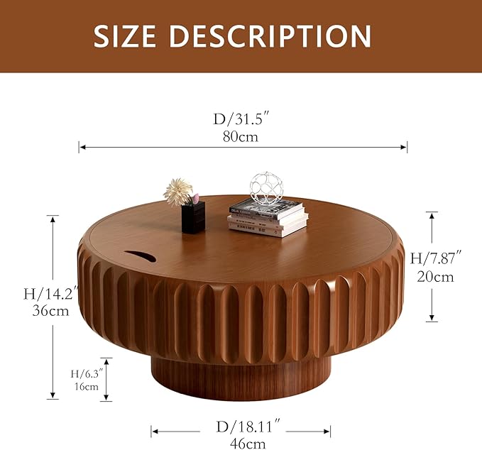 31.5in Drum Coffee Table with Storage Modern Unique Fluted Tea Table Contemporary Round Coffee Table with Fluted Center Table for Small Space Apartment (31.5in)