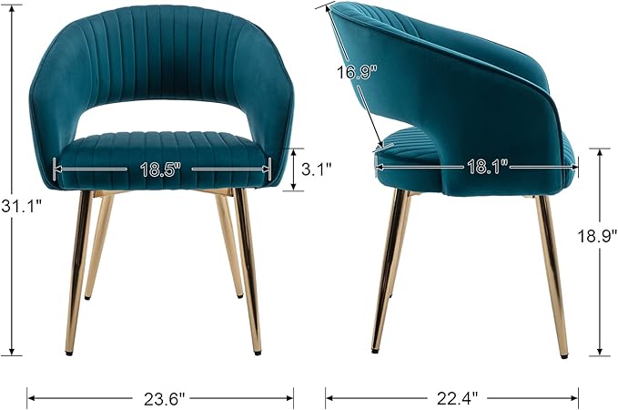 Modern Velvet Dining Chairs Set of 6, Upholstered Gold Dining Chairs with Hollow Back, Dining Room Chairs with Gold Legs, Accent Armrest Kitchen Chairs for Living Room Reception Teal Blue