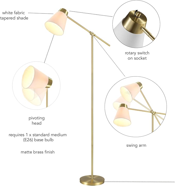 69" Floor Lamp, Swing Arm, Matte Brass Plated, White Tapered Fabric Shade, On/Off Rotary Switch on Socket, 5-Foot Clear Cord, 1-Light, 40W E26/Medium Base Bulb