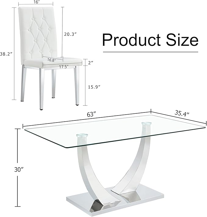 Modern Dining Table Set for 4, Glass Dining Table with 4 PU Leather Chairs, 63'' U-Shaped Legs and Rectangular Base