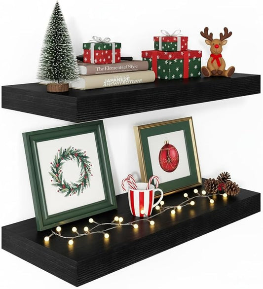 Black Floating Shelves for Wall 24 Inches Long, 12" Deep Wall Shelves 2" Thick, Heavy Duty Shelf for Bedroom, Bathroom, Living Room, Kitchen, Office, Home Decor, Modern Shelf Set of 2, 24" X 12" X 2"