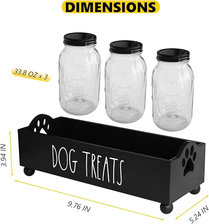 Dog Treat Container, Pet Treat Holder with Glass Jars, Farmhouse Dog Food Storage Organizer, Airtight Dog Treat Bin, Cat Dog Biscuit Dispenser, Pet Accessories (Black - 3 Glass Jars)