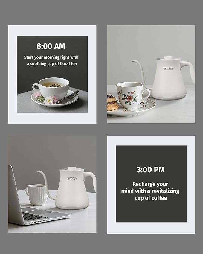 INFOOD 0.8L Gooseneck Electric Kettle, Precise Temperature Control for Pour Over Coffee & Tea, 1200W Fast Boiling Water, Auto Shut Off, Scheduling, Stainless Steel, White