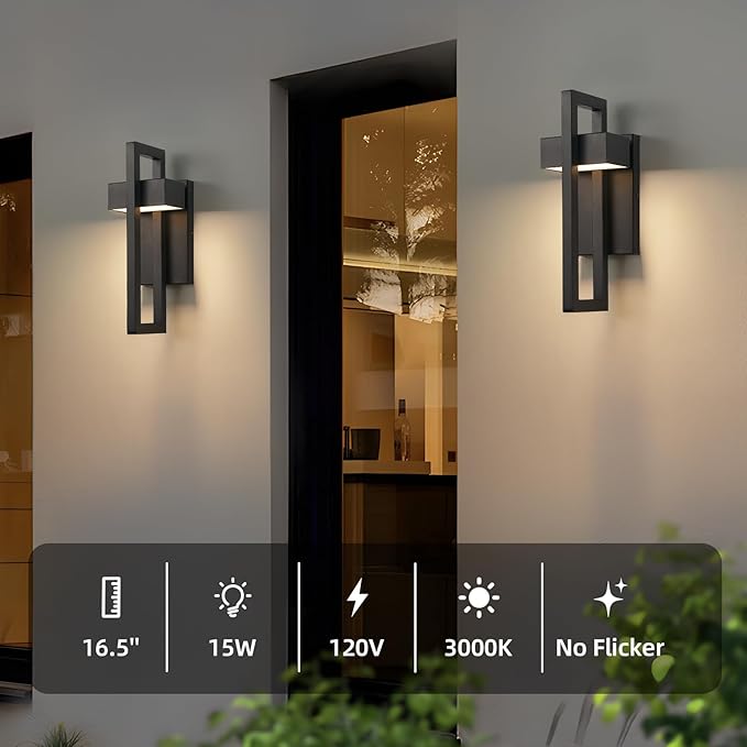 tewei 16.5'' Modern LED Outdoor Wall Sconce, Integrated LED Outdoor Light Fixtures Wall Mount Exterior Lights, Black Front Porch Outside Lighting for House, Backyard, Warm White 3000K, 1 Pack
